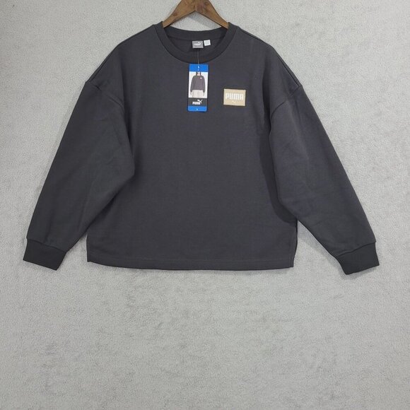 NEW Puma Women's L Crewneck Sweatshirt Black Beige Logo Cotton Blend Casual - Picture 1 of 7